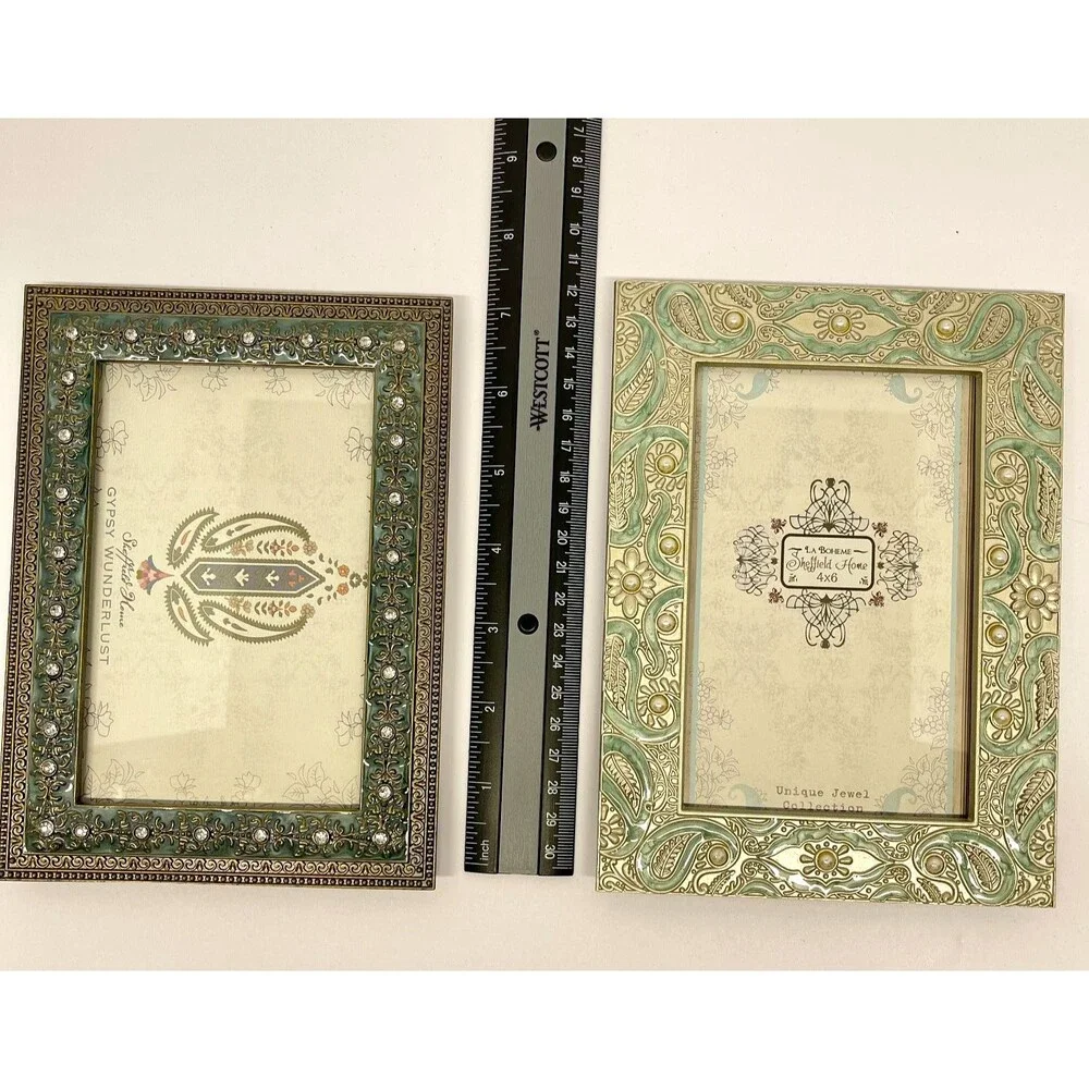 Sheffield Home set of (2) 4x6 Pewter Picture Frames-Ornate/Jeweled-Green & Gold